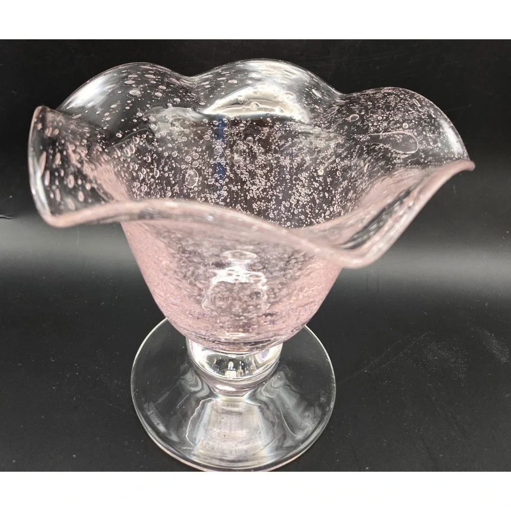 Vintage Pink Vase. Hand Blown Many Fun Bubbles Ruffled Rim